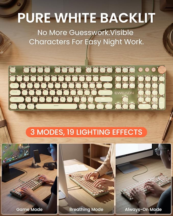 Wired Typewriter Mechanical Keyboard, Retro Punk Keyboard with Media Knob | White Backlit, Metal Panel, 104-Key Round Keycaps Low Noise Typewriter for Windows, PC, Laptop, Green, EWEADN V20 - Image 3