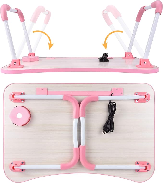 Slendor Foldable Lap Desk with Cup Holder for Bed, Couch, Floor | Portable,with USB Light, Fan, Pen Holder,Tablet Holder,for Laptop,Writing,Eating, Pink - Image 8