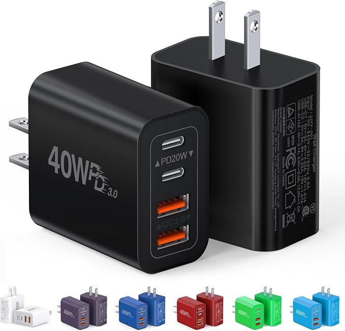 [2-Pack] 40W USB C Charger Block, 4-Port Type C Fast Charging Brick Dual PD&QC Wall Plug Adapter Power Brick for iPhone 13/14/15/16/17/Pro Max/Plus/iPad/Airpods/iwatch/Samsung Galaxy (Black) by CSODINCE