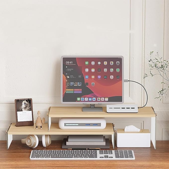 YGYQZ Adjustable Monitor Stand Riser, 7.67"×19.3" Dual Monitor Desk Stand | Adjustable Monitor Riser, Expandable Desk Organizer, 2-Tier Storage, Acrylic Legs, Ergonomic Workspace, Wood Wavy - Image 9
