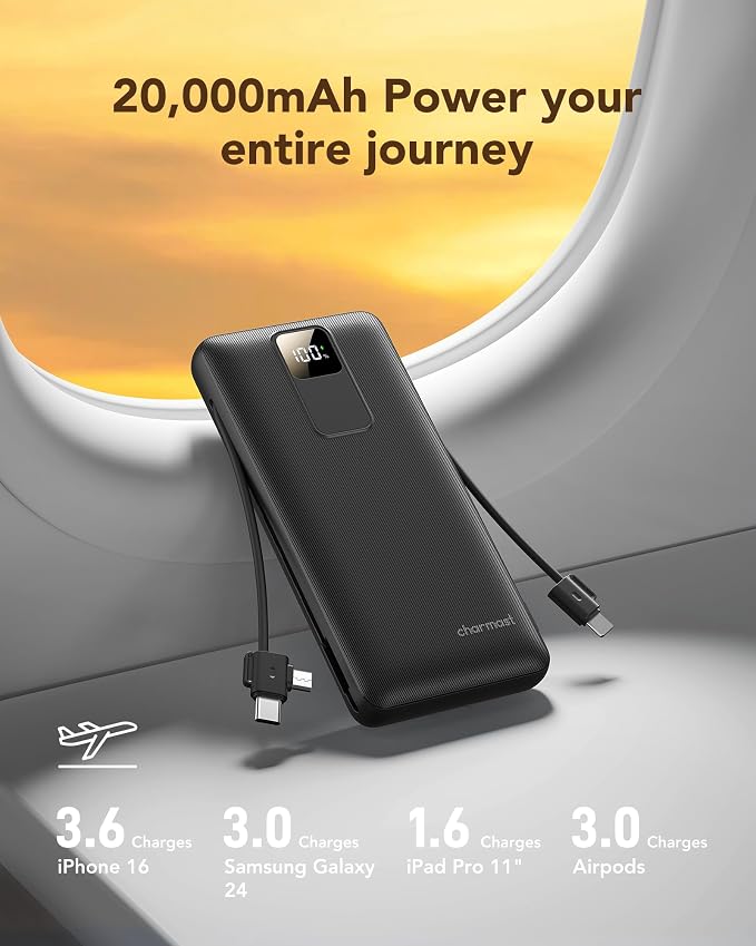 charmast Portable Charger Built-in Wall Plug & Cables, 20000mAh Power Bank | International Travel Battery Pack for iPhone 17/16/15 Samsung Android, Flight-Approved, 20W Fast Charging, 100-240V AC input - Image 8