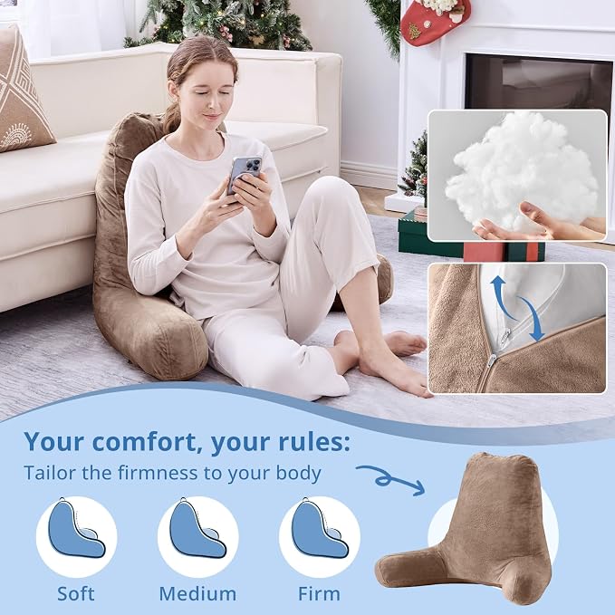 Sasttie Reading Pillow for Bed, Back Pillow for Sitting Up, Light Brown | 25" Backrest Support Cushion for Couch, Sofa, and Floor, Dorm Essentials, OEKO-TEX, Adjustable Down Alternative Fill - Image 3