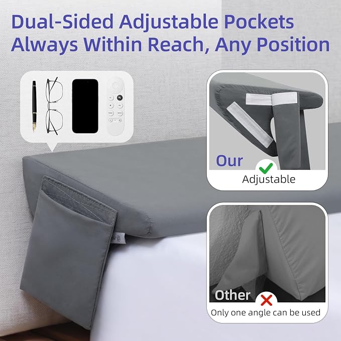 Vekkia Bed Wedge Pillow for Headboard Gap, Queen 60"x10"x8" with Pockets | Bed Gap filler,Two Angles&Heights, Pressure Lock Design Keeps in Place, High-Density Foam Fills Gaps (0-5.5"), Washable Cover - Image 2