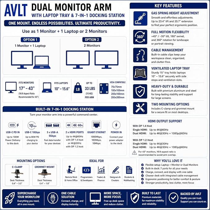Dual Monitor Arm Desk Mount with 15" Laptop Tray USB-C&A Docking Station | AVLT 17”-43" HDMI 4K60Hz, Ethernet, 100W PD, Fits Two Flat/Curved Monitor - White - Image 8