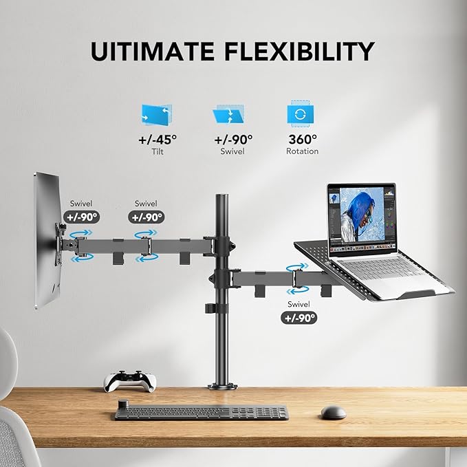 HUANUO Adjustable Monitor Arm with Laptop Tray, Single Desk Mount for 13-32" VESA Monitors up to 22 lbs, 14" x 12" Laptop Tray - Image 3