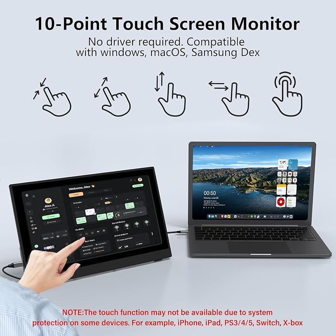 InnoView Portable Monitor Touchscreen 15.6" 1080P 10-Point Touch Screen Monitors Portable with Protective Sleeve Built-in Stand, 1200:1 HDMI USB C Travel Monitor for Laptop, PC, Mac, Phone, Switch - Image 3