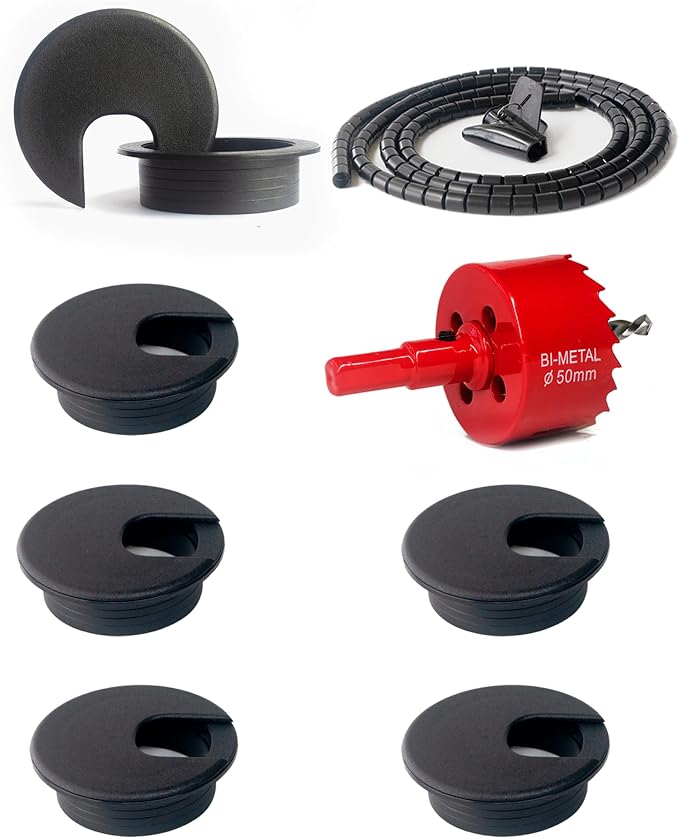 6 Pack Desk Grommet 2 Inch (50 mm) Bi-Metal Hole Saw Kit | with Cord Wrap Coiled Tube Management,2 m Cable Sleeve Organizer with Table Hole Cover by Bicafa
