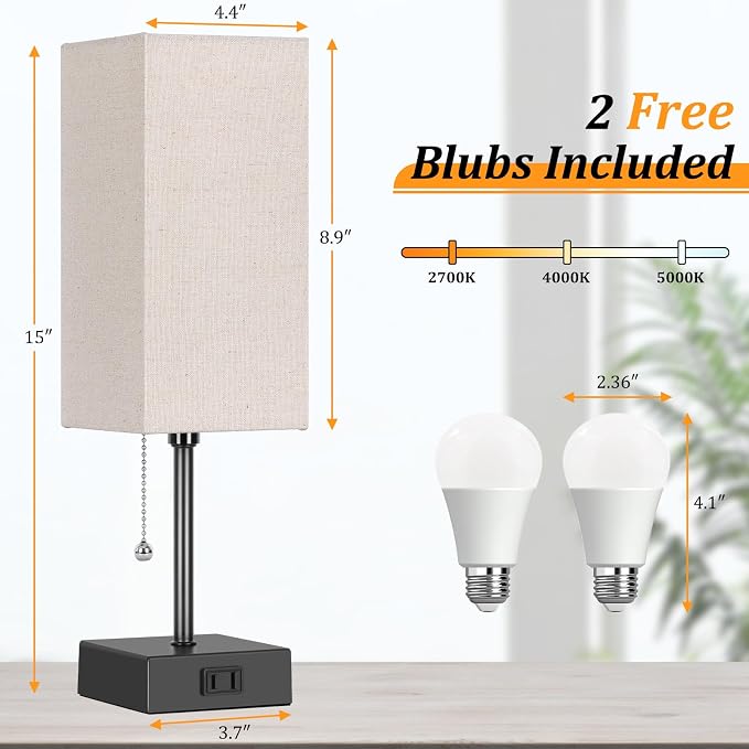 15'' Bedside Table Lamp for Bedroom Small Night Light Lamps for Night stand | Pull Chain Table Lamps for Night stands with AC Outlet，desk lamp with 2 Bulbs Lamp for Living Room Kids Room Office Decor - Image 4