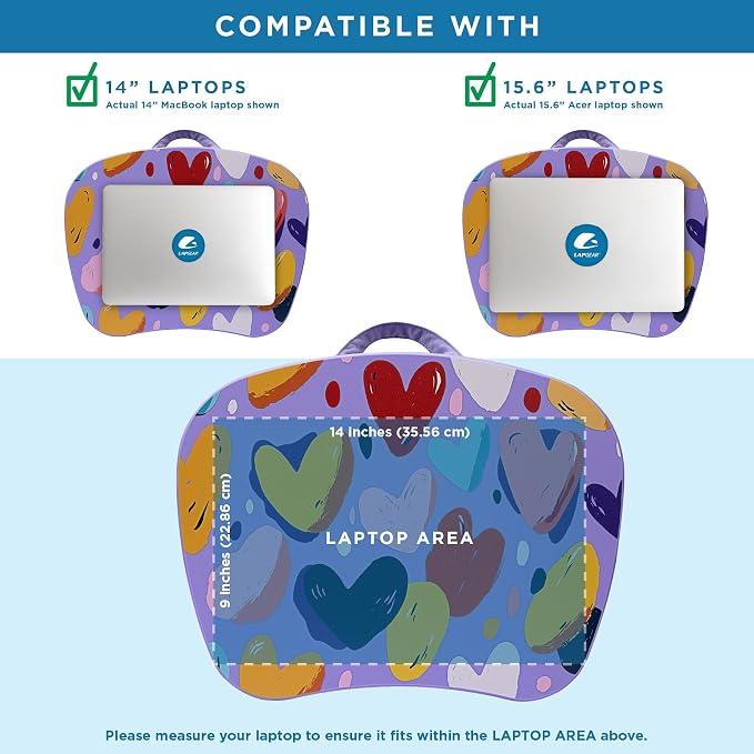 LAPGEAR MyStyle Lap Desk – Hearts, Fits 15.6" Laptops | Dual-Bolster Microbead Cushion, Built-In Carry Handle, Ergonomic Curved Front Edge - Image 3