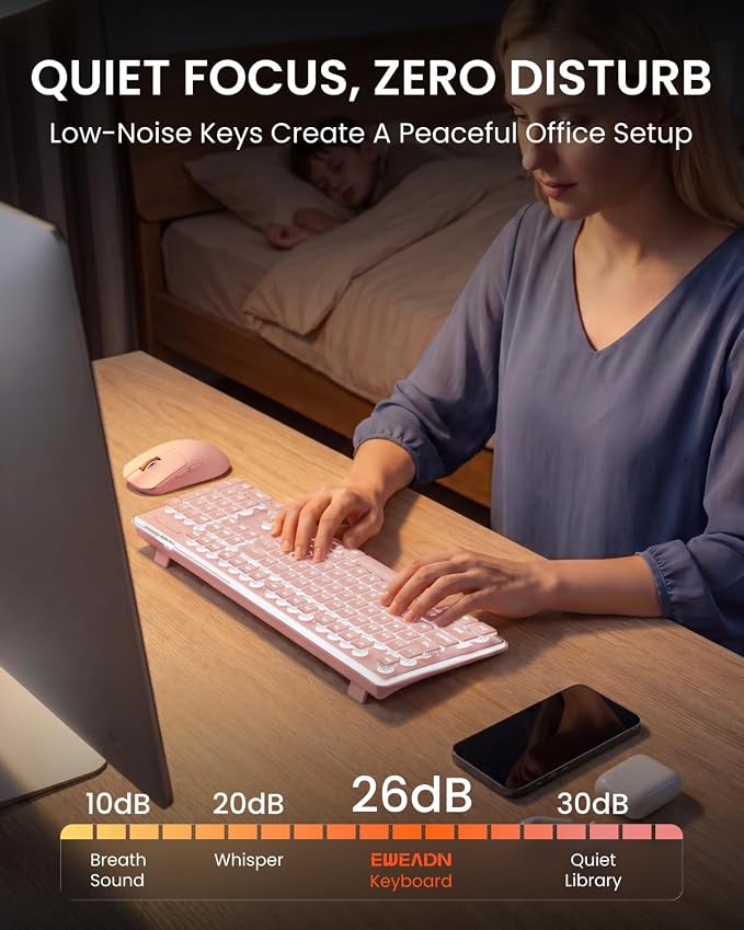 Wireless Keyboard and Mouse Combo with White Backlit Pudding Keycaps, Bluetooth & 2.4G, 2000mAh Rechargeable, Full Size, Metal Panel Quiet Computer Keyboard Set for Windows PC Desktop - Pink - Image 7