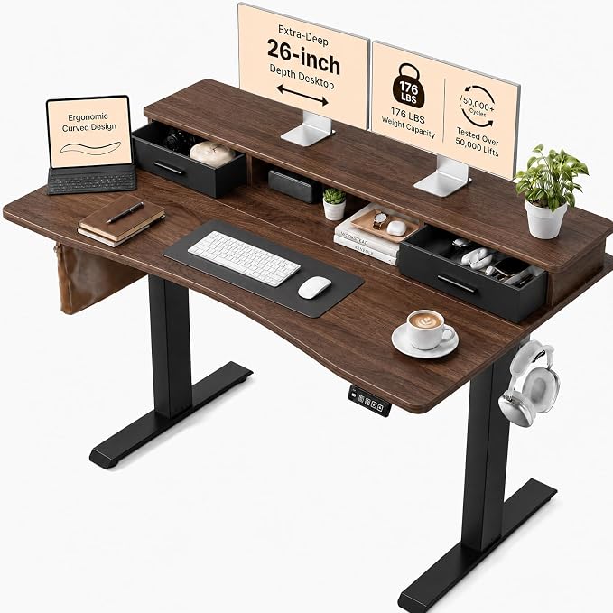 Grandder Electric Standing Desk with Two Drawers, Curved Sit to Stand Up Height Adjustable Desk with Storage Shelf for Home Office, 55 * 26 Inch, Study, Ergonomic Adjustable Computer Desk, Walnut by Grandder