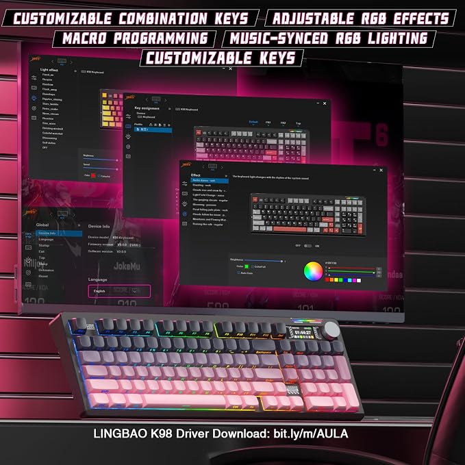 LINGBAO K98 PRO Wireless Mechanical Gaming Keyboard with Screen & Knob | Tri-Mode BT5.0/2.4G/USB-C, Gasket Mount Hot Swappable Linear Switches, RGB Backlit Creamy Sounding for PC/Mac Office& Gaming - Image 7