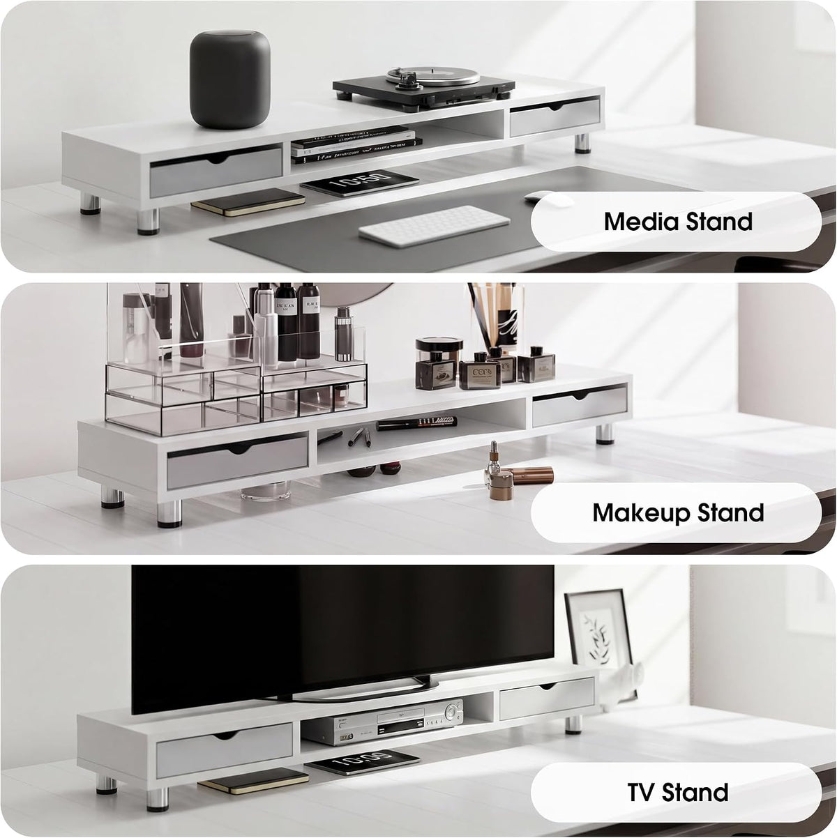 Fenge Dual Monitor Riser with 2 Drawers, 42.5in Long Desk Shelf, White - Image 8