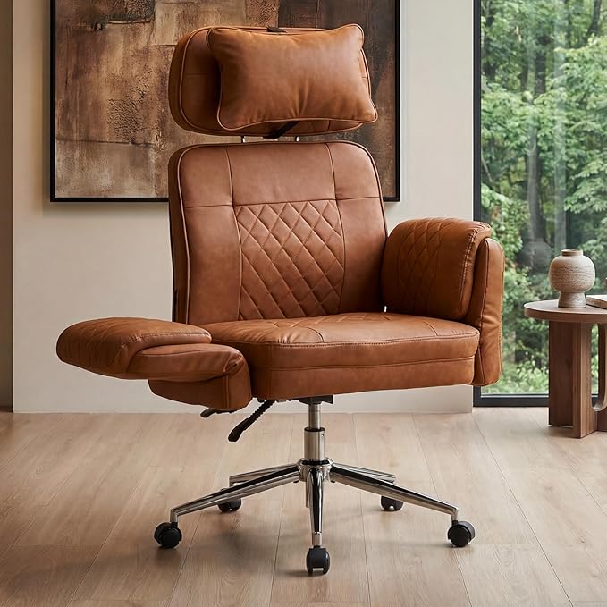 Big and Tall Ergonomic Office Chair, Criss Cross Desk Chair with Pivot Arms | High Back Executive Leather Chair with Spring Seat, Wide Computer Gaming Chair for Home, Makeup & Bedroom, Brown, 49.6”H×22”W by IKALIFE