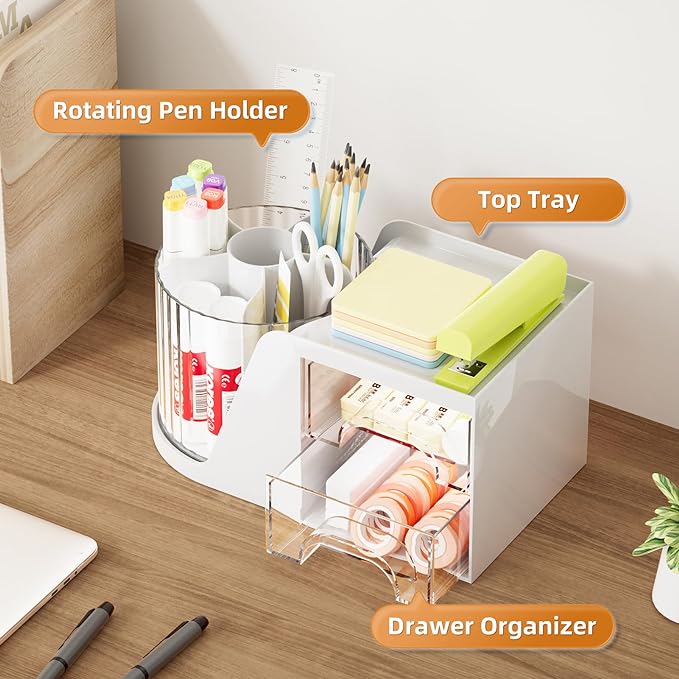 Marbrasse Desk Organizer with 2 Drawer, 360°Rotating Pen Holder, Desk Organizers and Accessories with 6 Slots Pencil Organizer + 2 Drawer, Art Supply Storage Box Caddy for Office (White) - Image 2