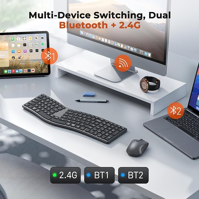 MEETION Wireless Ergonomic Keyboard and Mouse, Split S-Curve Design, Black | Dual Bluetooth and 2.4GHz connectivity, low-profile rechargeable keyboard, 4 DPI mouse for Windows, Mac, PC and laptop - Image 4