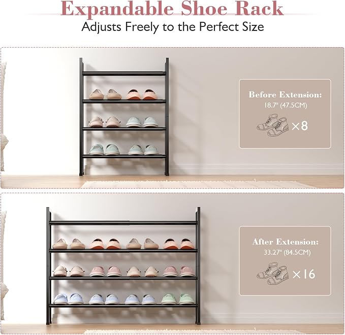 Bumusty 4 Tier Expandable Shoe Rack for Closet, Black | 18"-33" Adjustable Shoe Rack for Entryway, Small Shoe Organizer for Dorm, Front Door, Sturdy Metal - Image 5