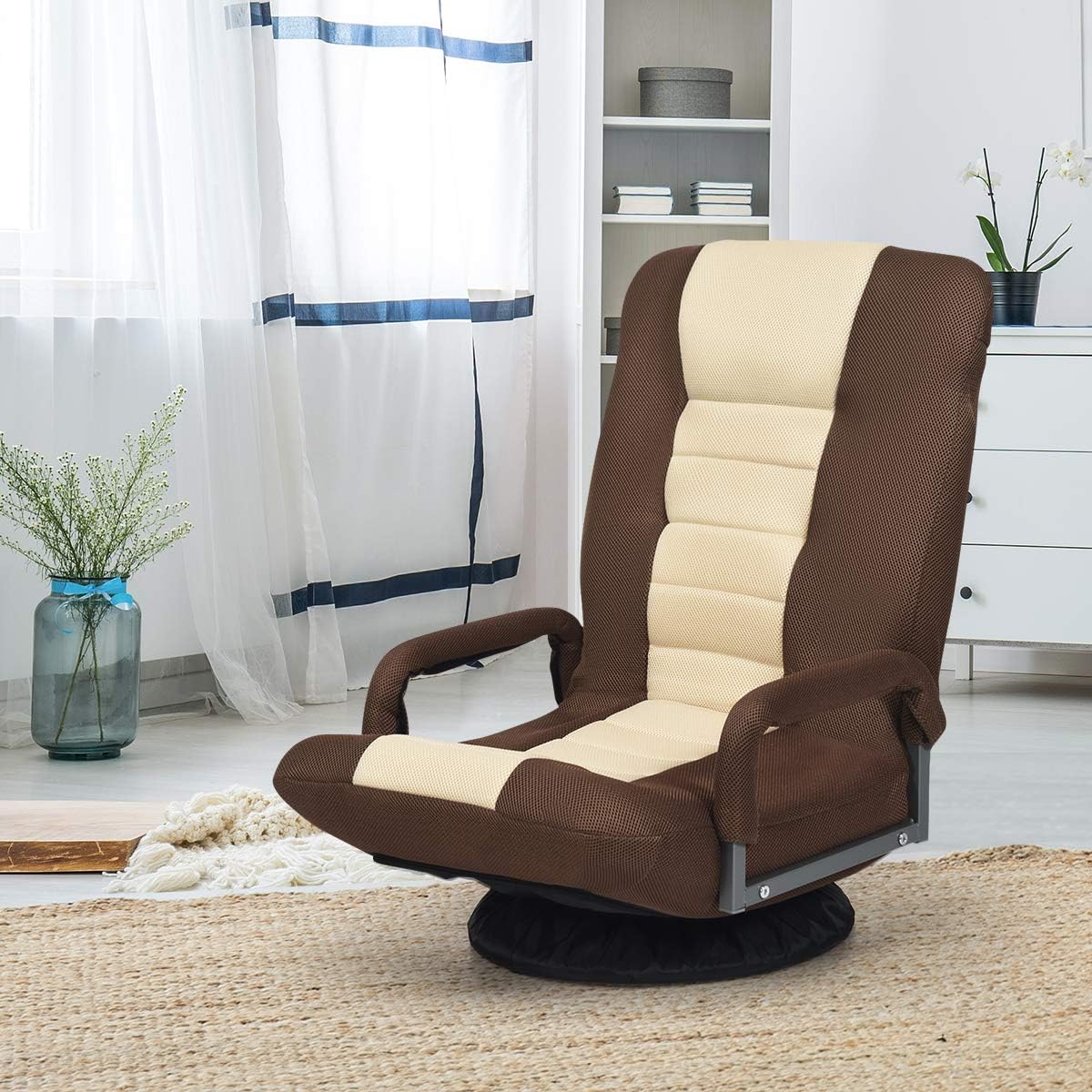 GIANTEX Floor Chair with 360 Degree Swivel Base, Adjustable Backrest, Lumbar Support, Armrest, Foldable Lazy Sofa Rocker for TV, Reading, Playing Video Games, Gaming Chair Floor, Beige/Brown - Image 7