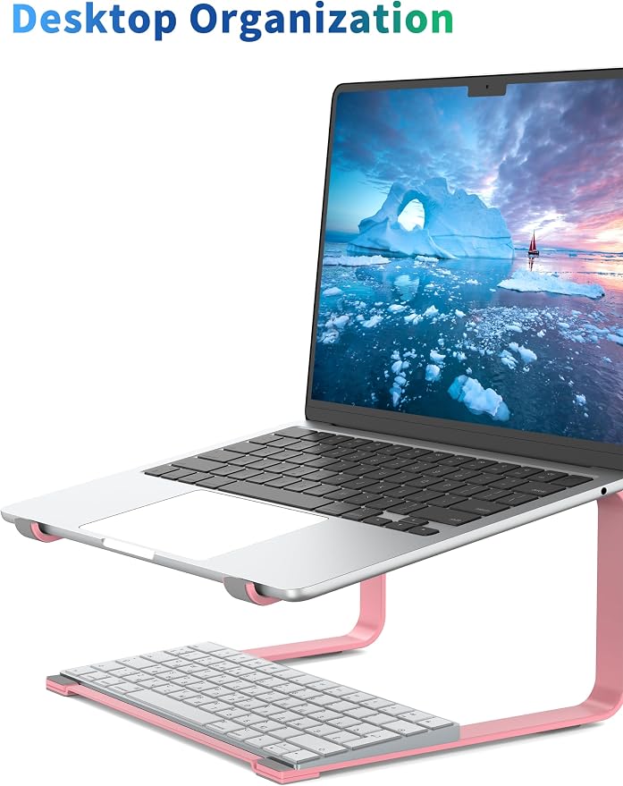 SOUNDANCE Laptop Stand for Desk, Ergonomic Metal Computer Riser for 12-17.3 Inch Laptops, Heavy Duty Stable Desktop Holder, Improves Eye Level & Workspace Organization, Pink - Image 3