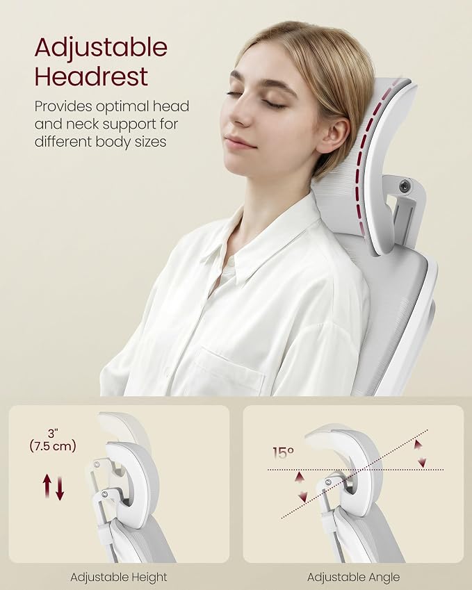 VASAGLE Office Chair, Adjustable Mesh with Lumbar Support and Headrest | Ergonomic desk chair, 90-105° tilt function, wide seat, flip-up armrests, Dove Gray UOBN044GD01S - Image 6