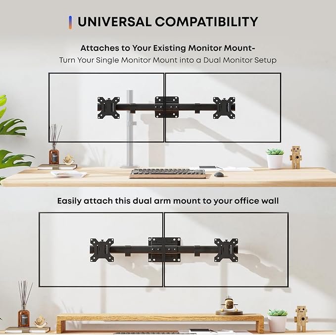 PUTORSEN Dual Monitor Wall Mount, Horizontal Assembly Mount for 2 Monitor Screens up to 27 inches,Max. 10kg, VESA 75x75/100x100mm - Image 2
