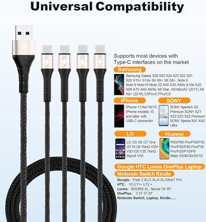 SIQIWO Multi USB C Cable Fast Charging 4FT/2 Pack, 4 in 1 Charger Cord | QC 3.0(3A) USB C Splitter Cable with 4 Type C Ports for iPhone 17/16/15 Series, iPad Air/Pro, Samsung Galaxy S26, Pixel, PS5 - Image 4