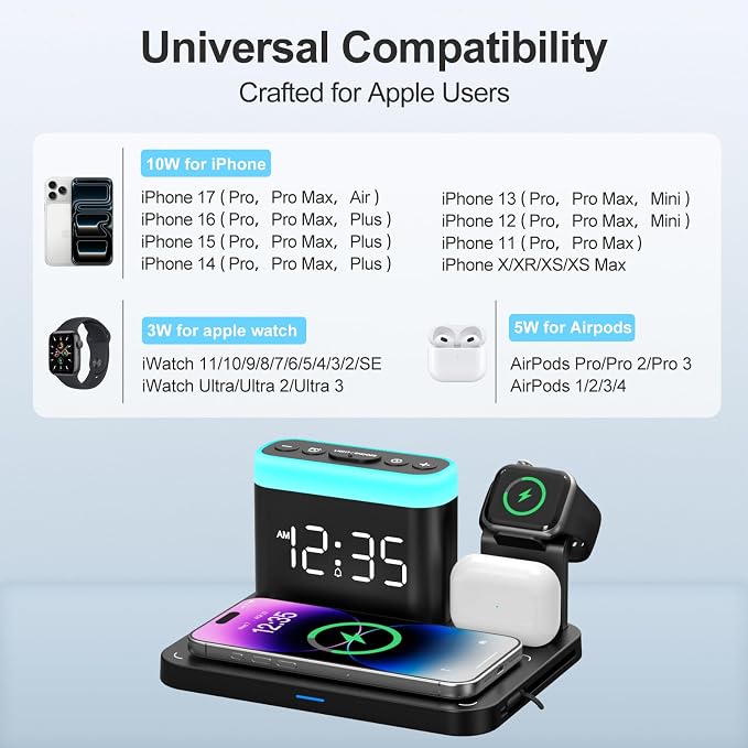 ANJANK Wireless Charging Station,5 in 1 Multiple Charger Stand with Alarm Clock,7 Night Light,Magnetic Charging Dock for iPhone 17 16 15 14 13 12 Pro Max Plus,Apple Watch 11/10/9/8,for Airpods,Bedroom - Image 3