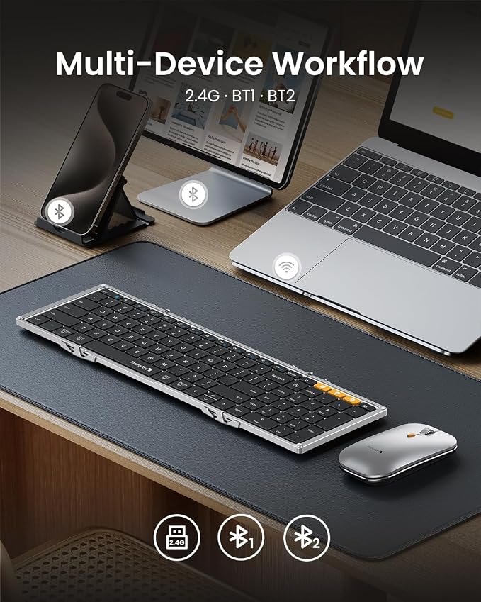 ProtoArc XKM01 Full-Size Foldable Keyboard Mouse for Travel - Black Silver | 105-key keyboard, slim mouse, hard case and phone stand; 3-device Bluetooth & 2.4G switching, for travel office use - Image 4