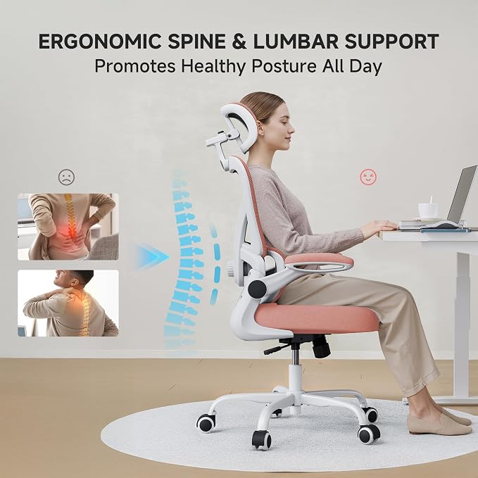 Ergonomic Office Chair, 330LBS Desk Chair with 3-Level Lumbar Support & Headrest, Breathable Mesh Backrest, Flip-Up Armrests for Home Office and Gaming, Pink - Image 3