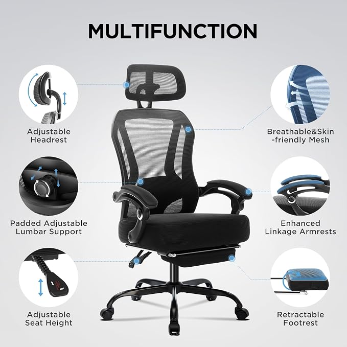 Ergonomic Office Chair with Footrest,Ultra Thick Desk Chair,Black | 150°Reclining,Mesh High Back,Adjustable 2D Lumbar Support and Headrest,4.8" Spring Cushion,Premium Computer Chair for Adults - Image 5