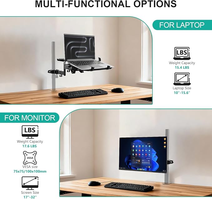 WALI Laptop Pole Mount, Adjustable Laptop Arm Holder Fits 10"-15.6" Laptops, 2-in-1 Full Motion Monitor Mount with Removable Tray, VESA 75x75 or 100x100 mm, Holds up to 15.4lbs(011ARMLPN), Black - Image 3