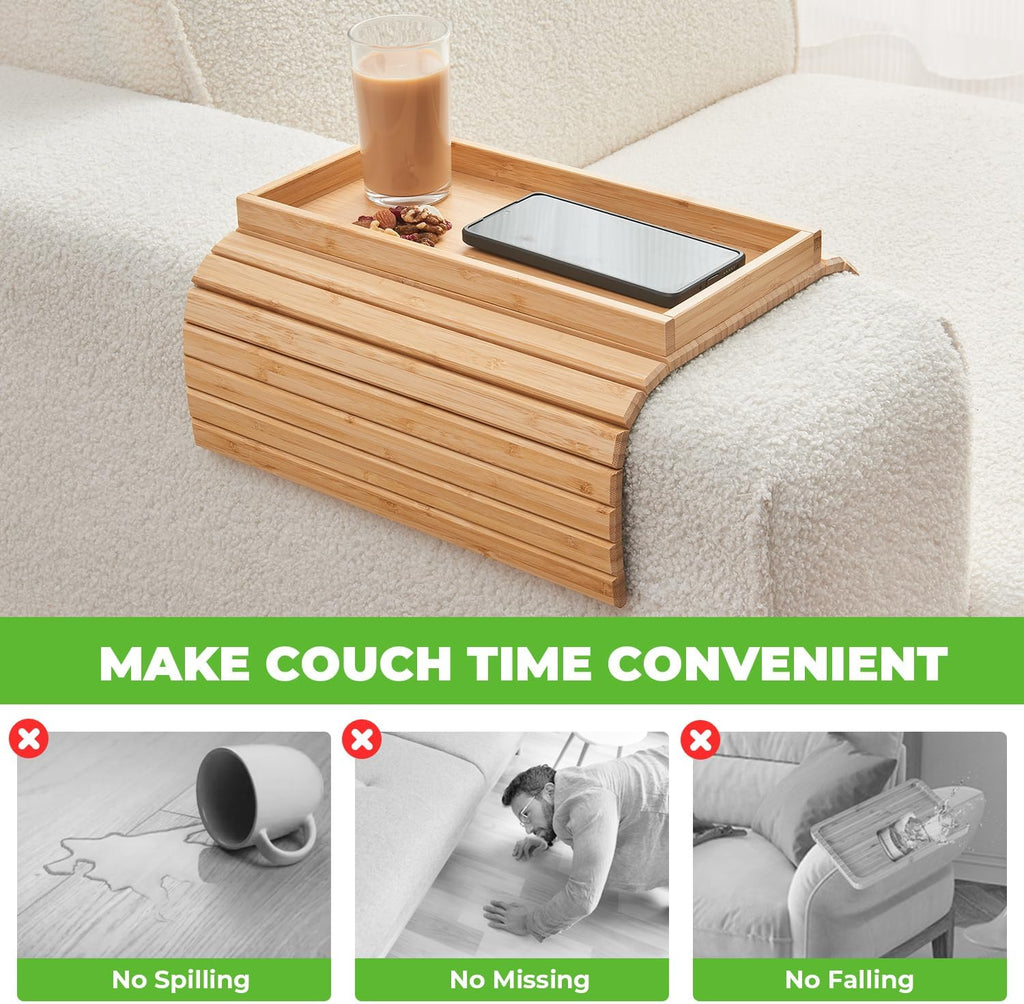 Bamboo Sofa Arm Tray, Anti Falling Couch Arm Tray Table, Foldable Couch Armrest Table, Portable Sofa Armrest Trays Cup Holder for Drink, Cups, Phone, Snacks, Remote - Image 2