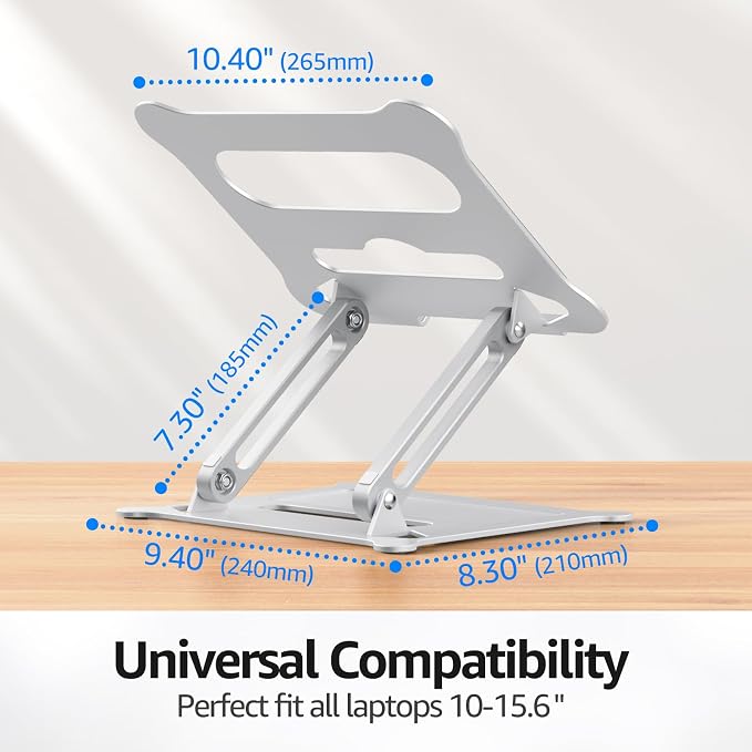 Adjustable Laptop Stand for Desk, 10-15.6“ Laptop Riser, Silver | Sturdy Aluminum Foldable Stand, Heat-Dissipation Design, Ergonomic Holder Fits MacBook/Dell/HP/Lenovo for Home/Office. - Image 7
