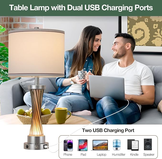 3-Way Dimmable Table Lamp Set of 2,Touch Control Lamp with Night Light,Modern Crystal Table Lamps for Bedroom,Living Room，Bedside Lamps with USB A+C Ports，Fabric Lampshade(Blubs Included) - Image 5