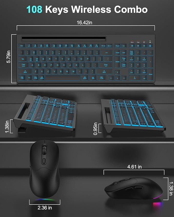 Wireless Keyboard and Mouse Combo, 7 Backlit Effects, Light Up Letters, Rechargeable, Phone Holder, 6 Button Mouse, Ergonomic Tilt Angle, 2.4GHz Silent USB Keyboard Mouse for Laptop, PC - Image 8