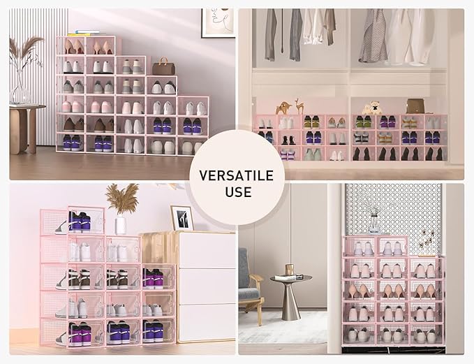 Kuject X-Large Shoe Storage Boxes 12 Pack, Clear Stackable Shoe Organizer | Shoe Case for Closet, Entryway & Under-Bed Storage, Drop-Front Design, Space-Saving Solution for Family Organization,Pink - Image 6
