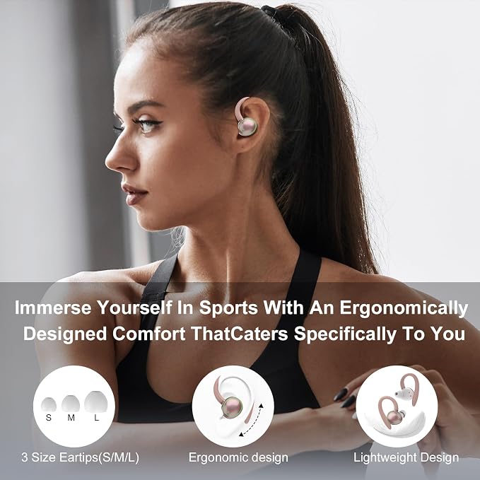 Wireless Earbuds, Bluetooth 5.4 Headphones Sport Over Ear Buds With ENC Mic | ENC Noise Cancelling Mic,48H, Wireless Earphone With Earhooks, Stereo Deep Bass, IP7 Waterproof for Workout Running,Rose Gold - Image 5