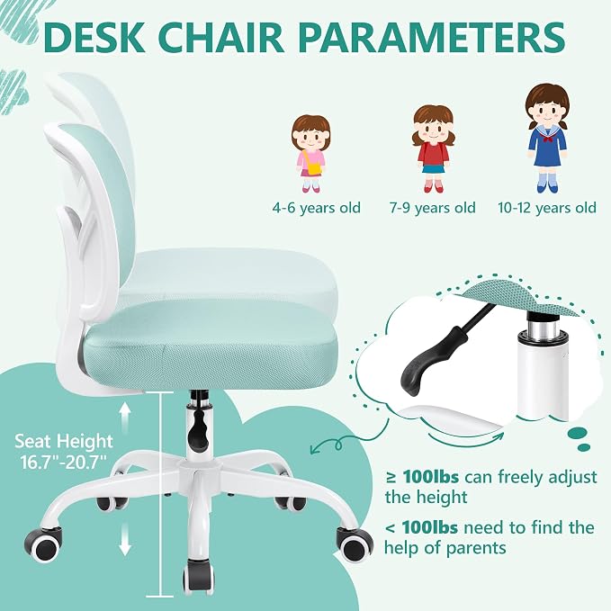Kids Desk Chair, Pink Study Chair for Boys Girls with Height Adjustable, Swivel Mesh Task Student Chairs for 4-12, Growing Teen Office Chair for Home/School/Office (Light Teal) - Image 3