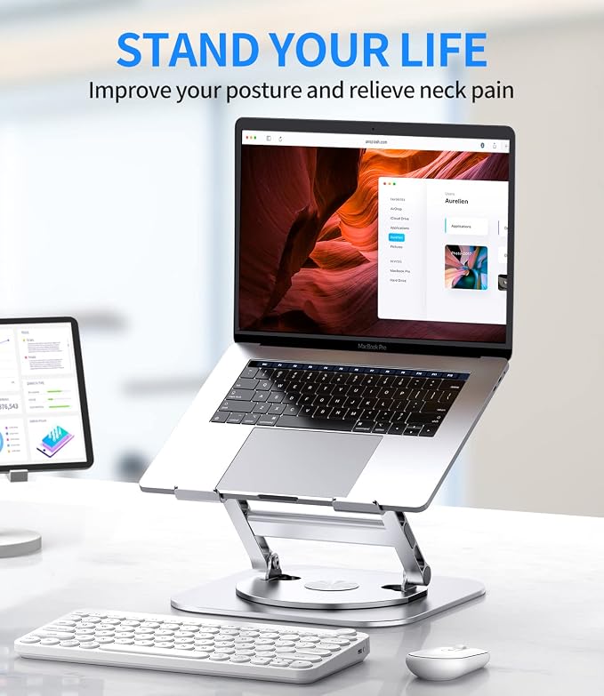 AOEVI Adjustable Laptop Stand with 360 Rotating Base, Stable Computer Stand for Laptop Ergonimic Foldable Laptop Riser for Desk Compatible with MacBook Pro/Air Notebook up to 16 Inches, Silver - Image 7