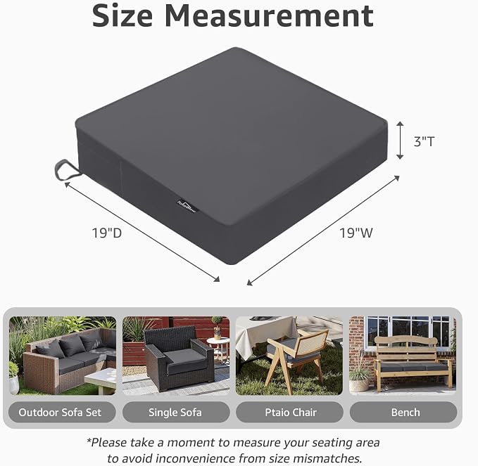 PatioGlow Outdoor Chair Cushions 19 x 19 x 3 Inch, Waterproof & Fade Resistant Patio Seat Cushion for Furniture with Handle and Ties, Thick Seating Pads for Outside Sofa Couch Set of 2, Grey - Image 2