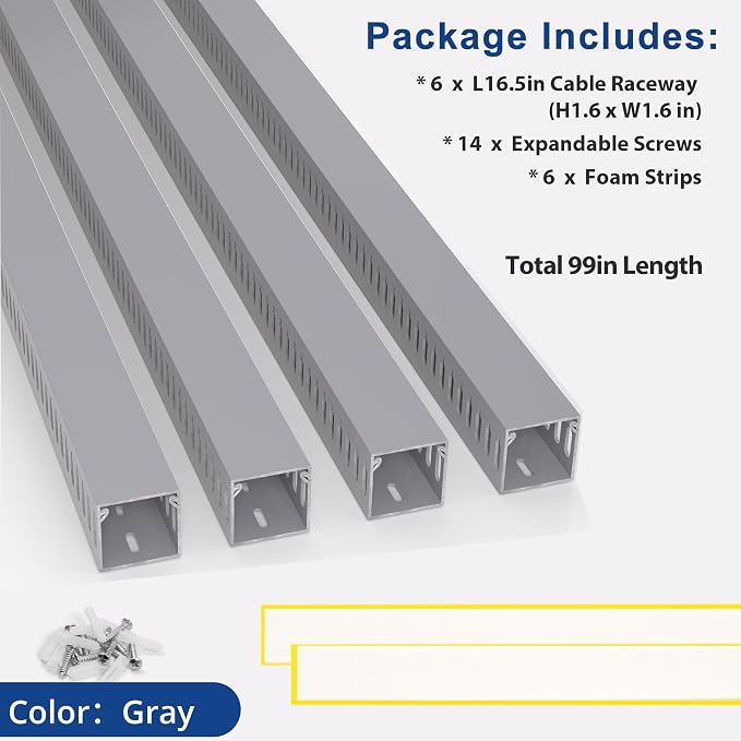 1.6"H x 1.6"W Cable Raceway, 99in Under Desk Wire Management Channel, Grey | Slotted Wire Duct, 6Pack, 16.5in Each, Heavy-Duty PVC Cable Management for Server Racks, Network Cables & Electrical Cabinets - Image 3