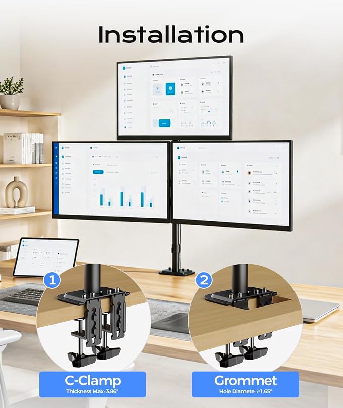 Pholiten Triple Monitor Mount, 3 Gas Spring Arms for Up to 32" | Fully Adjustable Heavy Duty Cable Management Monitor Stand, Each Arm Holds 22 lbs - Image 7
