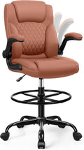 Drafting Chair, Tall Office Chair for Standing Desk, High Executive Leather Ergonomic Computer Chair with Adjustable Height and Flip-Up Armrest for Counter Height Desk, Brown, Pack of 1 by BrickAttic