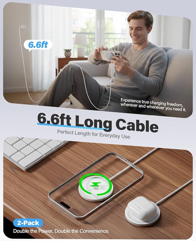 2Pack Magnetic Wireless Charger 25W Fast Charger for iPhone 17/16/15/14/13/12 Series & AirPods, Portable Wireless Charging Pad for Travel Home Office Desk, 6.6FT-White with Plugs - Image 2