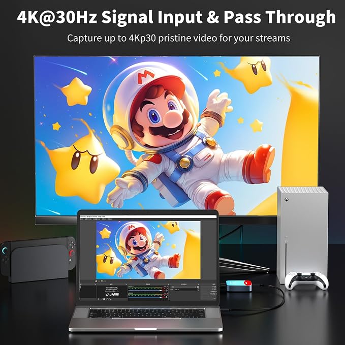 Capture Card for Nintendo Switch, 4K HDMI Capture, USB C 3.0 1080P 60FPS | Audio Video Recorder, low latency, streaming accessories, USB capture card for streaming/gaming, for PS5/Xbox/OBS/Camera/PC - Image 2