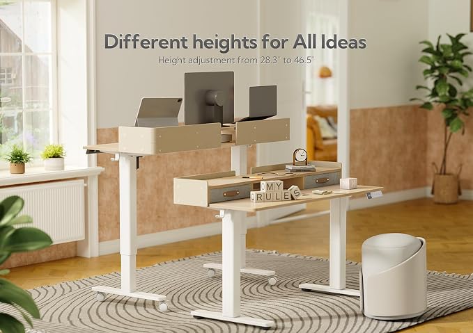 Claiks Standing Desk with Drawers & Wheels, 2 Height Shelf 48" Natural | 2 height adjust shelf, tabletop drawers, felt fence design, sturdy supports 176 lbs, 4 wheels, 2 tire monitor stand - Image 5