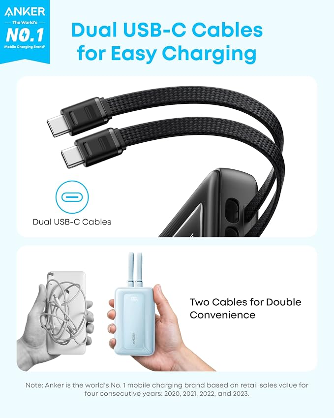 Anker Power Bank,20,000mAh 45W Portable Charger,Dual Built-in USB-C Cables | 20,000mAh Battery Pack with Dual Built-In Cables, USB-C and USB-A Ports, for iPhone 17 / 16 Series, Galaxy, MacBook, and More - Image 2