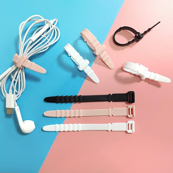 Silicone Zip Ties, Reusable Zip Ties, 20pcs Rubber Cable Ties Straps for Wire Management, Elastic Cable Organizer for Home Office Table Desk. 4.5” Cord Ties in White, Black, Pink, Purple and Blue - Image 2