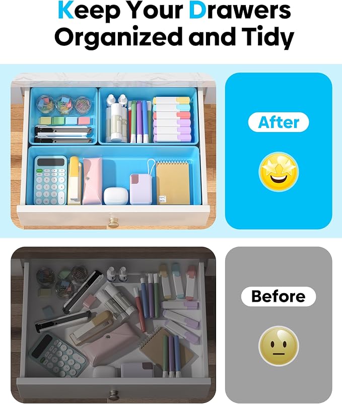 10 Pack Large Size Plastic Drawer Organizers Set, 3 Sizes Desk Drawer Organizer Trays, Storage Bins for Vanity, Makeup, Bathroom, Kitchen Utensils and Office (Blue) - Image 4