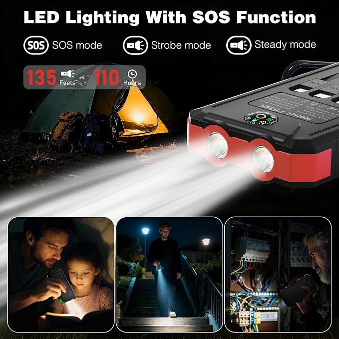 Solar Charger Power Bank 20,000mAh, Portable Charger, 4 Cables 3 Ports Fast Charging External Battery Pack with USB C for Cell Phones, Solar Panel Charger with Dual Flashlight for Camping Red - Image 7